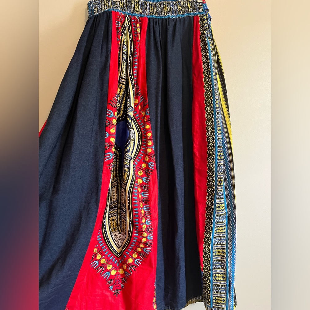 Blue and Red A-Line Maxi Skirt with attached belt for a bow.